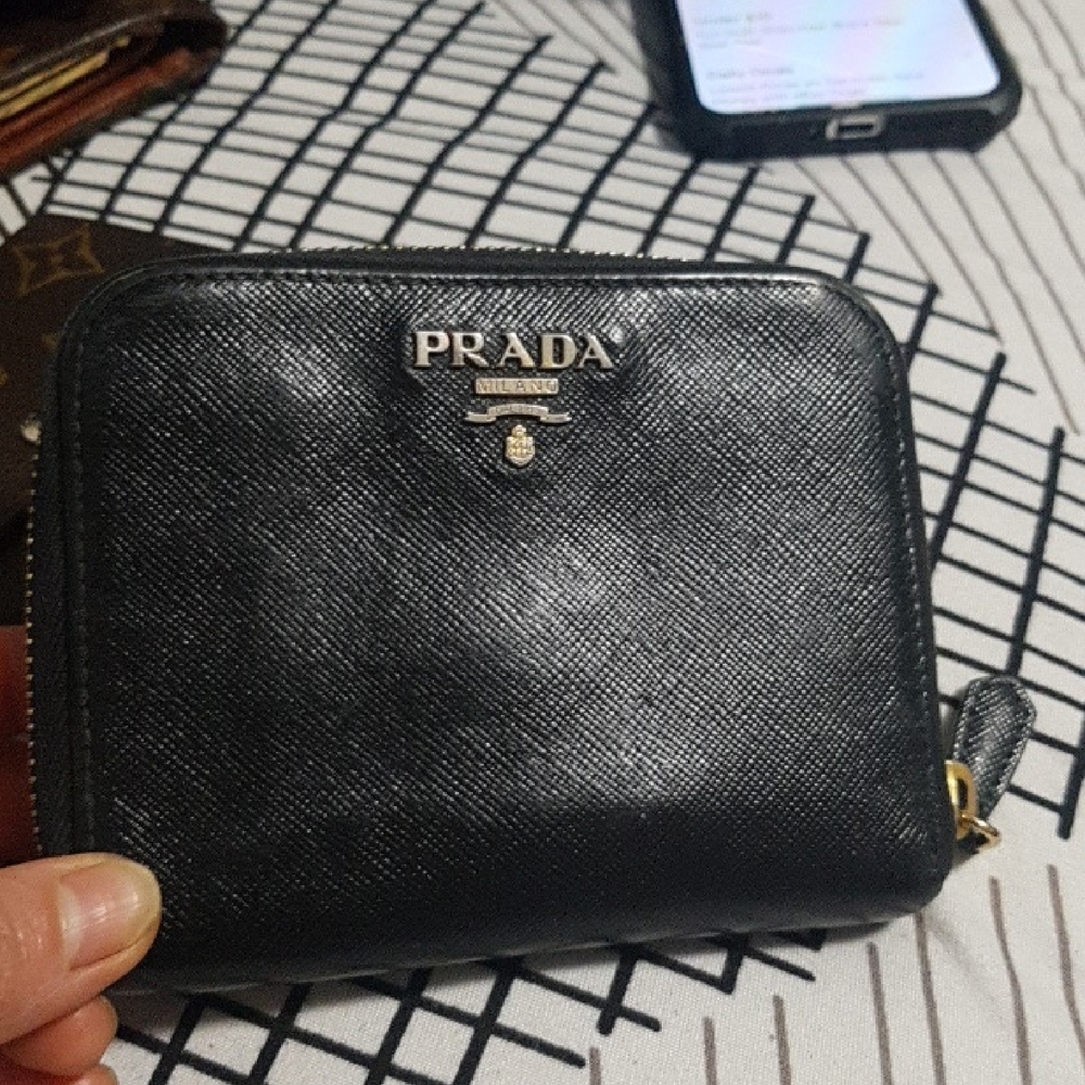 Prada Black Saffiano Leather Zip Wallet Compact